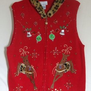 Reindeer Hoodie Sweater Vest Faux Fur Sleeveless Zip Cardigan UGLY PARTY XL